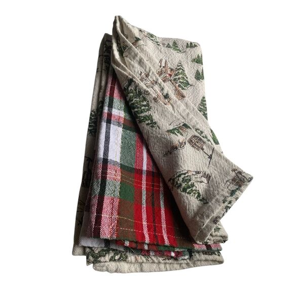 Brooks Brothers Cotton Kitchen Towels Set of 3 – Holiday Ski Print & Plaid – NWT - Picture 2 of 3